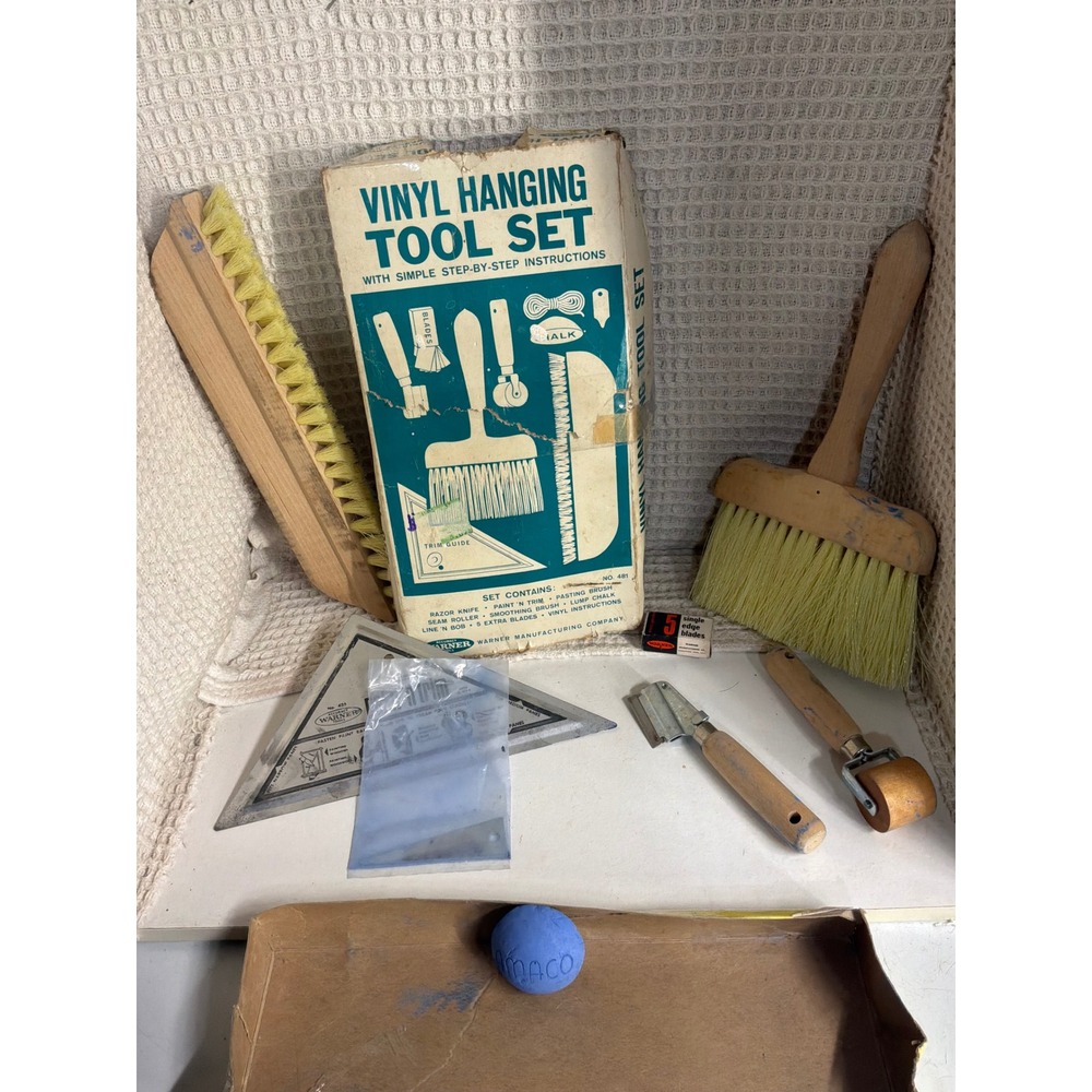 Vintage Warner No. 481 Vinyl Hanging Tool Set Wallpaper Kit Wood Handles Blue